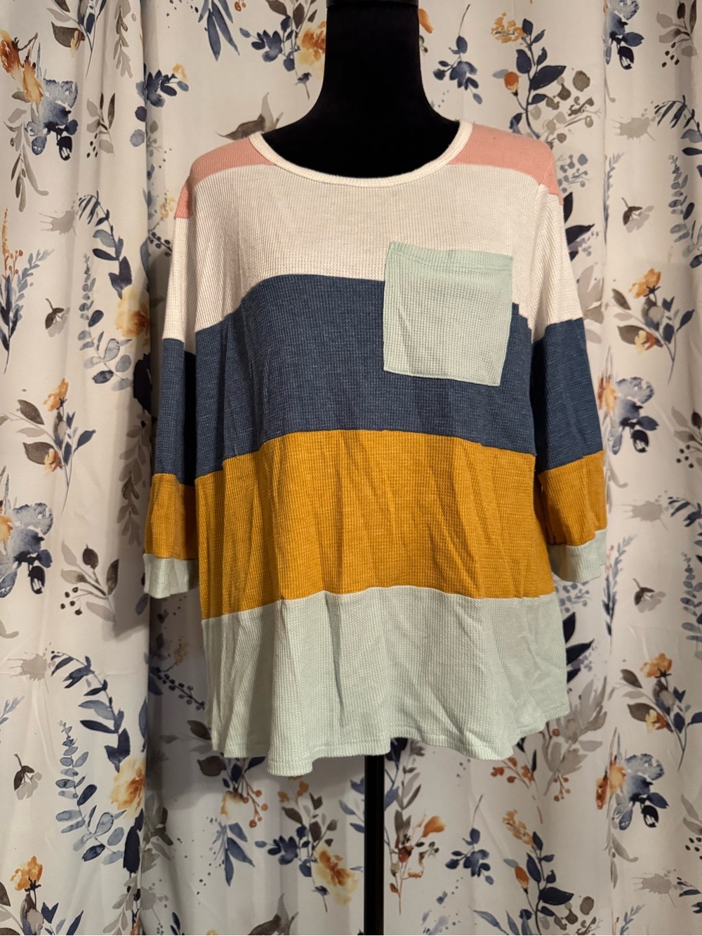 Striped Colorblock Waffle-Knit Long Sleeve Top - Pink, Navy, Mustard, Mint B11